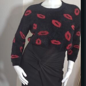 Francesca's Collections Black Sweater with Red Lips